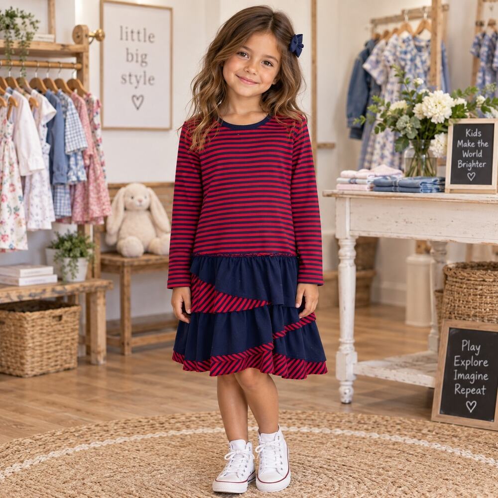 Hanna Andersson Red Navy Stripe Knit Ruffle Dress 130 us8